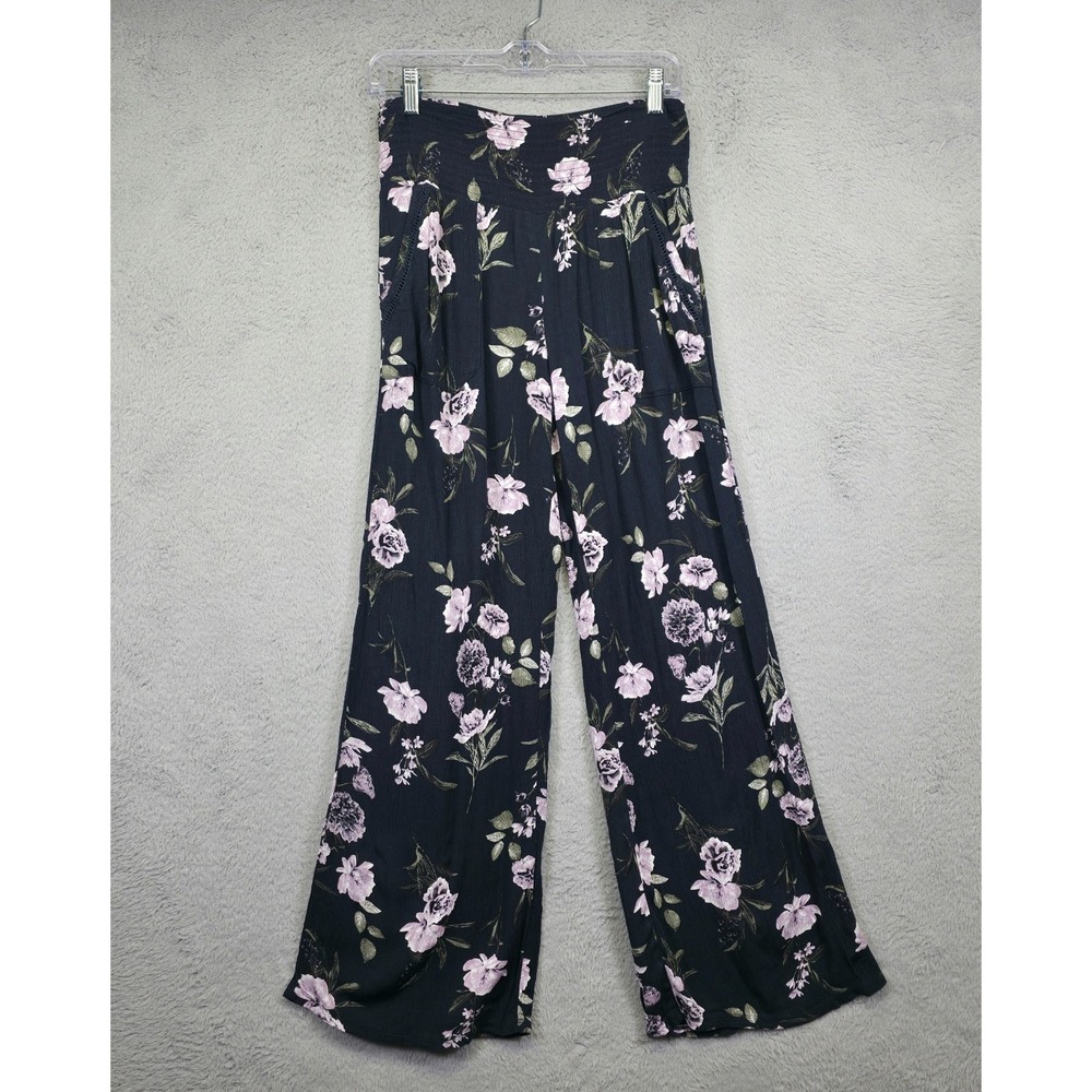 Three Dots Pants Womens S Black Wide Leg Pull On High Rise Floral‎ Gauzy Smocked